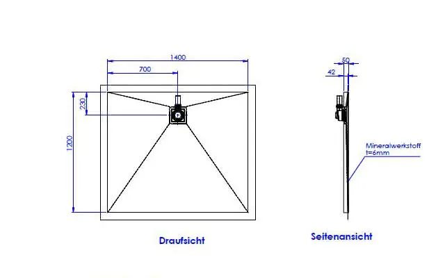 SD barr-frei Dusche Mineral 001 Quadrato 1400x1200 mm, Ablaufpos. 700/230 mm