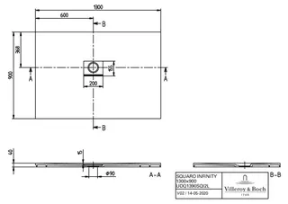 Villeroy & Boch Duschwanne Squaro Infinity 1300x900x40mm re-eckig EB:li flb Einbau AR StoneWhite – Bild 2