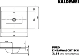 Kaldewei WB PURO EINBAUWASCHTISCH Mod.3151,600 x460mm,manhattan,Perl-Effekt,AD,mÜL,chr – Bild 4