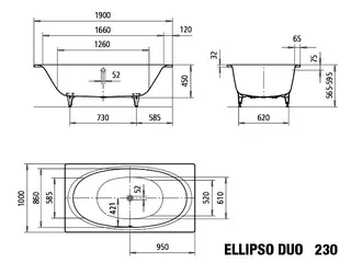 Kaldewei Badewanne ELLIPSO DUO Mod.230,1900x1000mm, pergamon – Bild 3