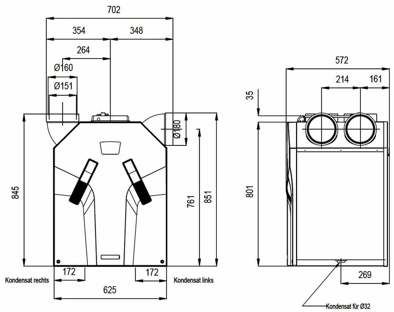 comfort-KWL-Lüftungsgerät zentral links ComfoAir 350L Luxe mit Bedieneinheit
