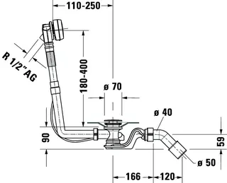 Duravit Ab- und Überlaufgarnitur Quadroval Drehgriff,m.Wanneneinl.,BZL 530mm,chrom – Bild 3
