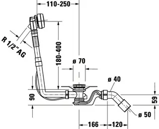 Duravit Ab- und Überlaufgarnitur Quadroval Drehgriff,m.Wanneneinl.,BZL 530mm,chrom – Bild 4