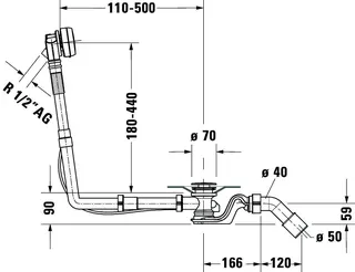 Duravit Ab- und Überlaufgarnitur Quadroval Drehgriff,m.Wannenein.,BZL 650mm,chrom – Bild 3