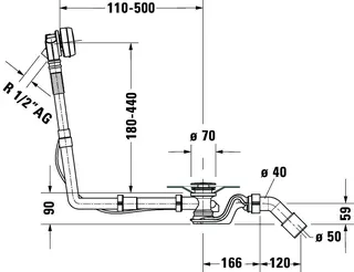 Duravit Ab- und Überlaufgarnitur Quadroval Drehgriff,Wanneneinlauf,BZL 850mm,chrom – Bild 3