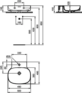 Ideal Standard Waschtisch Linda-X 1 Hahnloch mit Überlauf 500x480x135mm geschliffen Weiß – Bild 5