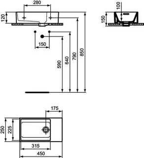 Ideal Standard Handwaschbecken Extra, ohne Hahnloch, mit Überlauf, Ablage rechts, 450x250x150mm, Weiß – Bild 5