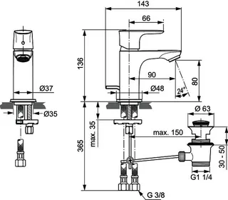 Ideal Standard Waschtisch-Arm. Connect Air, Piccolo,5l/min., m.Ablgarn., Ausld.90mm, Chrom – Bild 4