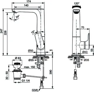 Ideal Standard Waschtisch-Arm.Connect Air,5l/min,m.Ablgarn., m.hohem schwenkb.Ausl.,Ausld.174mm,Chrom – Bild 5