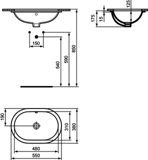 Ideal Standard Unterbauwaschtisch Connect, oval, ohne Hahnloch, mit Überlauf, 550x380x175mm, Weiß – Bild 5