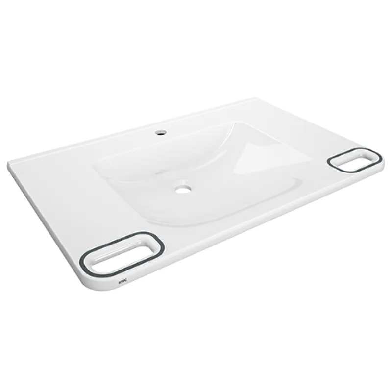 Aquarotter Einzelwaschtisch, MEDCARE, MIRANIT, 850x150x550 mm, weiß/grau, Hl., Griff