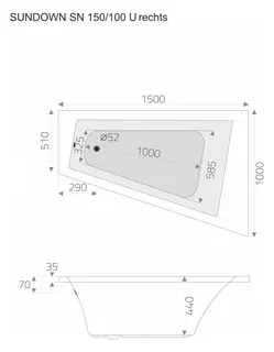 SN 150/100 U rechts weiß Trapezbadewanne 1500x1000/510x440 – Bild 2