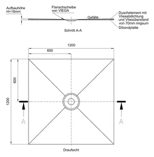 SD barr-frei Dusche Level 18 Abl. Viega 1200x1200x18 mm Abl.mittig – Bild 3