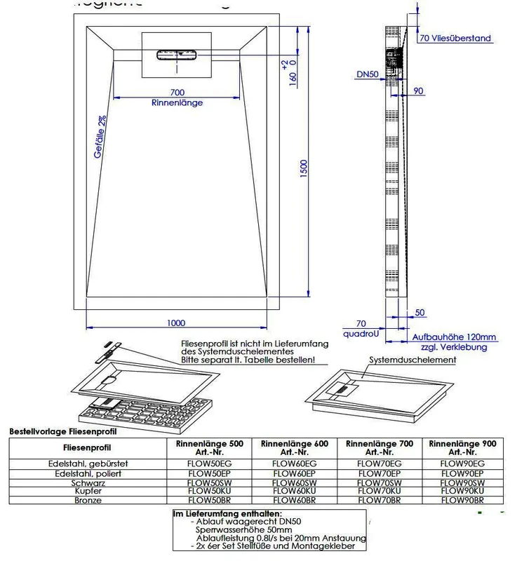 SD barr-frei Dusche LINE Flow SP50 1000x1500 (Rinne 700 mm)