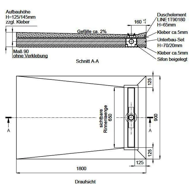 SD barr-frei Dusche LINE Rinne TECE 900x1800 (Rinne 650 mm)