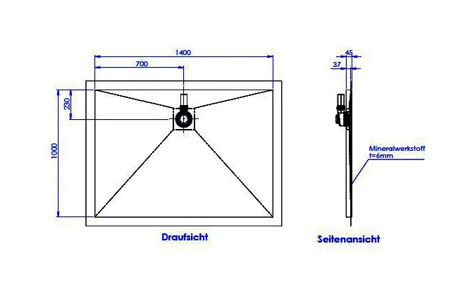 SD barr-frei Dusche Mineral 001 Round 1400x1000 mm, Ablaufpos. 700/230 mm