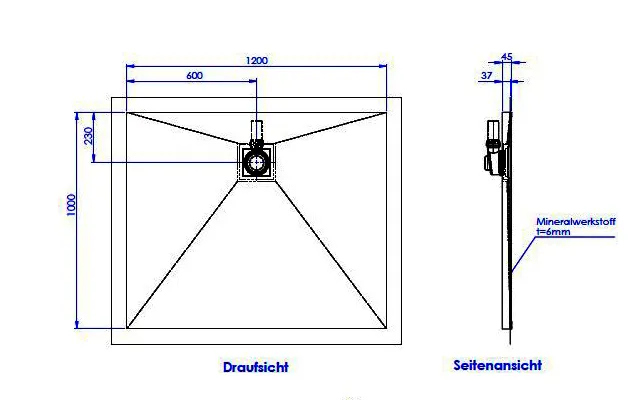 SD barr-frei Dusche Mineral 001 Quadrato 1200x1000 mm Ablaufpos. 600/230 mm