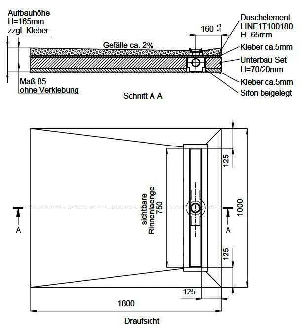 SD barr-frei Dusche LINE Rinne TECE 1000x1800 (Rinne 750 mm)