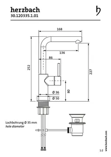SIRO Waschtisch-Einlochbatterie L-Size Griff seitl. mit Ablauf Chrom – Bild 2