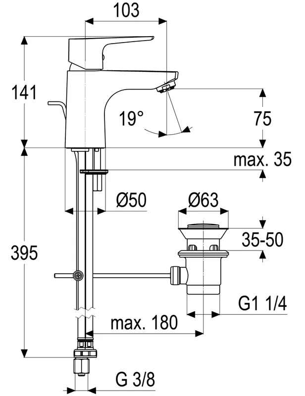 Waschtischarmatur m. Ablaufg., 105mm aktiv4YOU 2.0, DIN DVGW-Zert.ND schw.m.