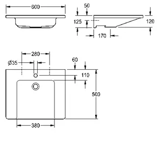 Aquarotter Einzelwaschtisch, EXOS, MIRANIT, 600x125x500 mm, weiß, Hahnloch – Bild 3