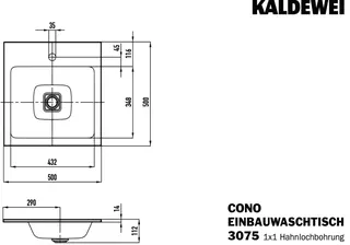 Kaldewei WB CONO EINBAUWASCHTISCH Mod.3075,500 x500mm,sm100,PEFF,AD,m. 1HL,oÜL – Bild 4