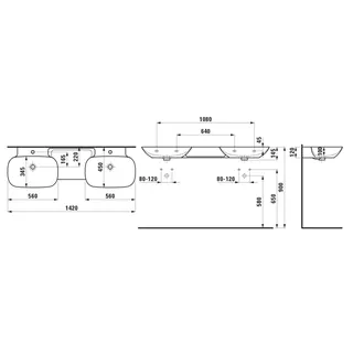 Laufen DWT INO 450x1420x145 1 Hahnloch je Becken mit Überlauf Ablg. mi weiß – Bild 2