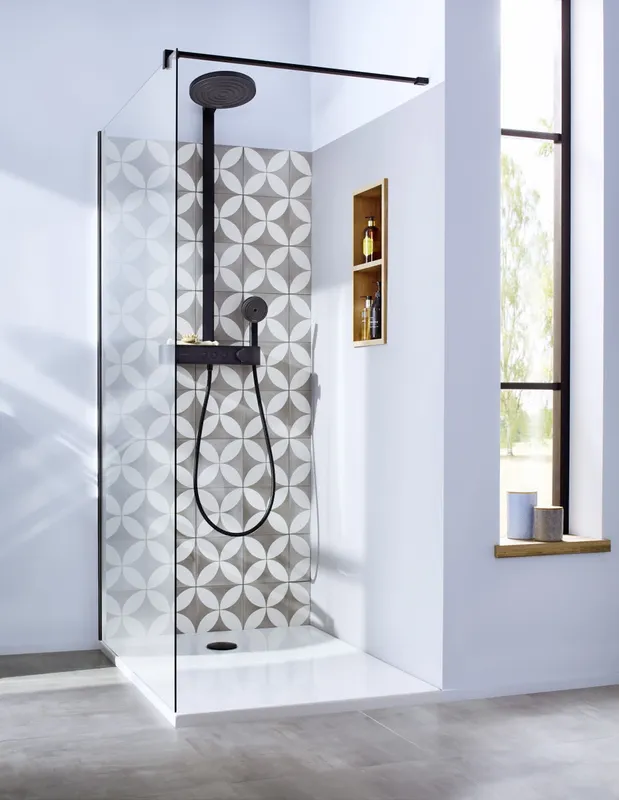 sanibel 3001-Showerpipe-Thermostatset EcoPlus 1114mm lang Hand-/Kopfbrause sw