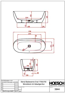 Hoesch Badewanne iSensi Oval 1700x750 Monolith mit Überlaufschlitz in Chrom – Bild 3