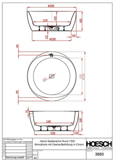 Hoesch Badewanne iSensi Rund 1500 Monolith mit Befüllung in Chrom – Bild 3