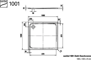 sanibel 1001-Stahl-Duschwanne superflach A23 1000x1000x25mm weiß – Bild 2