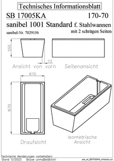 sanibel-Wannenträg sanibel 1001-Stahl-Badewanne KF KA-A24, 2 schräge Seiten 1700x700mm – Bild 2