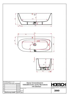 Hoesch Badewanne iSensi Eck 1800x800 rechts Monolith, mit Überlauf, ang. Sch. Weiß – Bild 4