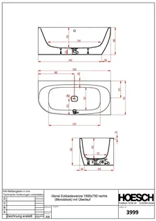 Hoesch Badewanne iSensi Eck 1600x750 Monolith re. mit Überlauf, ang. Sch. – Bild 3