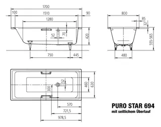 Kaldewei Badewanne PURO STAR MIT SEITLICHEM ÜBERLAUF Mod.694,1700x800mm,alpinweiß,IG – Bild 3