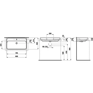 Laufen Aufsatz-Waschtisch MEDA 460x800x160 1 Hahnloch mit Überlauf weiß – Bild 2