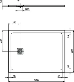 Ideal Standard Rechteck-Brausewanne Ultra Flat S + 1200x900mm Abl.25cm Mitte/Seite Weiß – Bild 3
