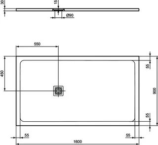 Ideal Standard Rechteck-Brausewanne Ultra Flat S + 1600x900mm Abl.55cm Mitte/Seite Weiß – Bild 5