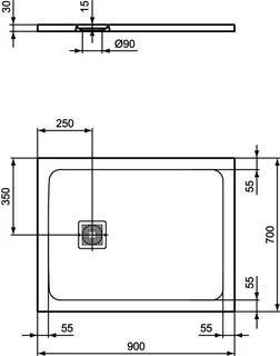 Ideal Standard Rechteck-Brausewanne Ultra Flat S + 900x700mm Abl.25cm Mitte/Seite Weiß – Bild 3