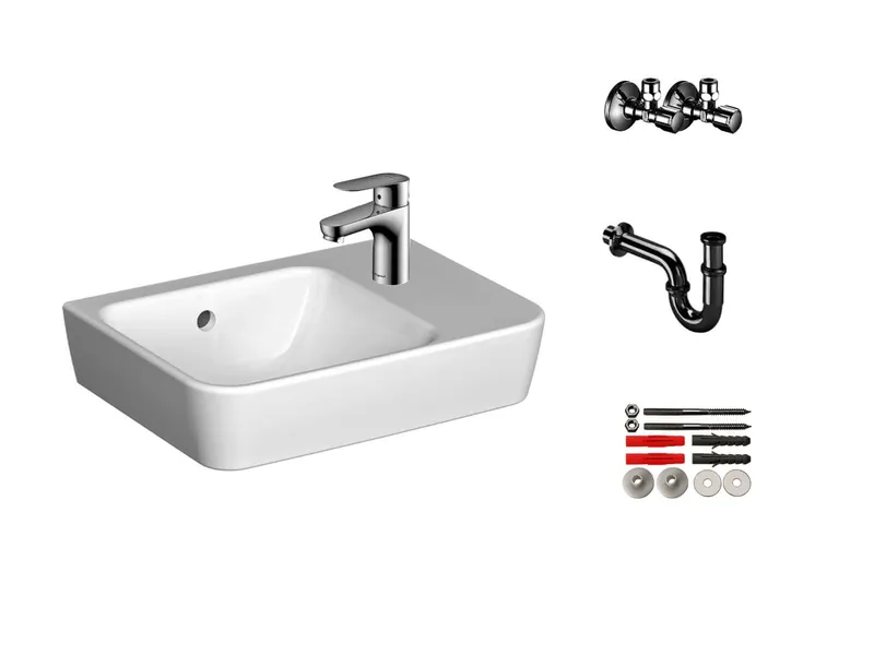 sanibel 3001-QuickSet Handwaschb. 445mm eckig mit Waschtisch-ELB, Bef., RS, 2xEV, weiß