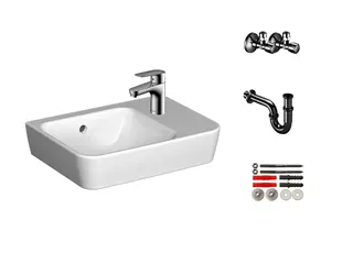 sanibel 3001-QuickSet Handwaschb. 445mm eckig mit WT-ELB, Bef., RS, 2xEV, weiß