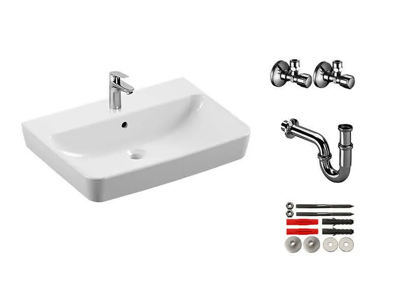 sanibel 3001-QuickSet Waschtisch 650mm eckig mit Waschtisch-ELB M, Bef., RS, 2xEV, weiß