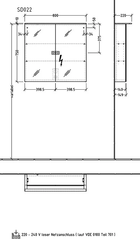 sanibel 4001 Spiegelschrank SD02235 A19 800x760x220mm LED 2-türig Pinie-Schwarz