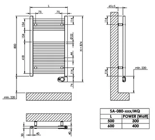 sanibel 1001-Badheizkörper Elektro A20 gerade BH 800 mm BL 500mm RAL 9016 weiß – Bild 2