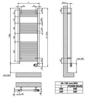 sanibel 1001-Badheizkörper Elektro A20 gerade BH 1300 mm BL 500mm RAL 9016 weiß – Bild 3