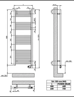 sanibel 1001-Badheizkörper Elektro A20 gerade BH 1500 mm BL 500mm RAL 9016 weiß – Bild 3