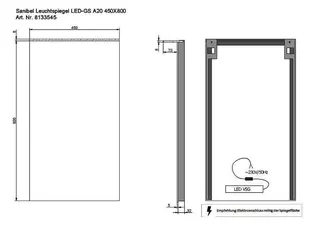 sanibel Leuchtspiegel LED-GS A20 mit Glassegel und Schalter 450x800x100mm – Bild 2