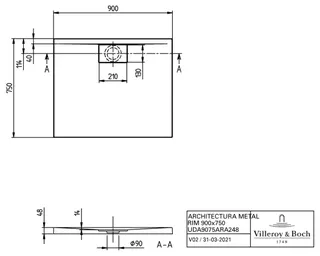 Villeroy & Boch Duschwanne Architectura 900x750x48mm Rechteck Weiß Alpin – Bild 2