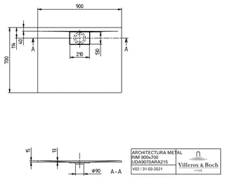 Villeroy & Boch Duschwanne Architectura 900x700x15mm Rechteck Weiß Alpin – Bild 3