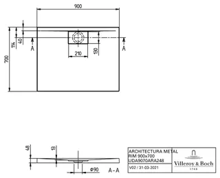 Villeroy & Boch Duschwanne Architectura 900x700x48mm Rechteck Weiß Alpin – Bild 2